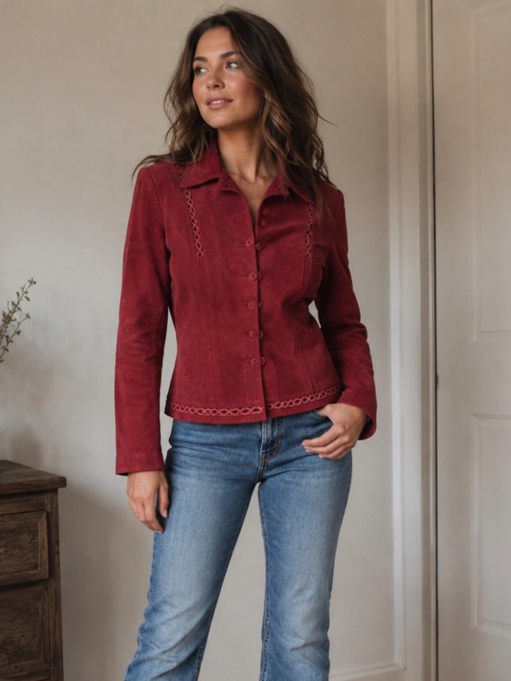 A.M.I Red Suede Leather Jacket Women’s Large Button Front Western